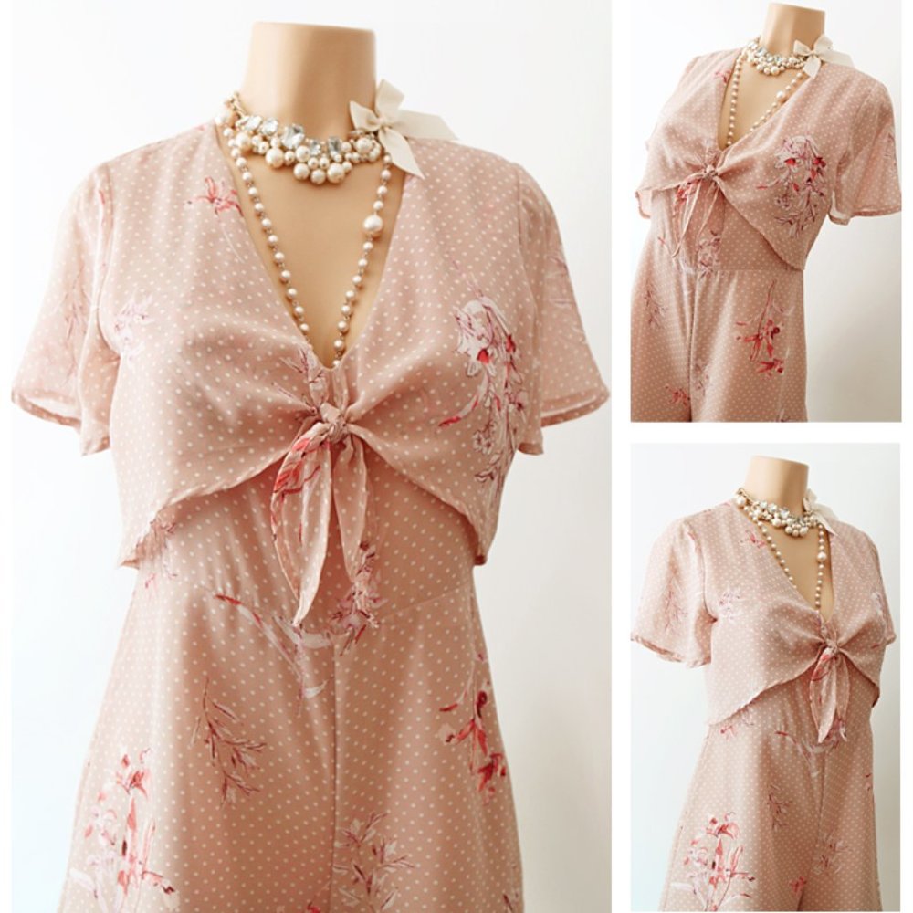 NEW Beige Polka Dots Short Sleeve Tie Front Romper - Picture 6 of 10